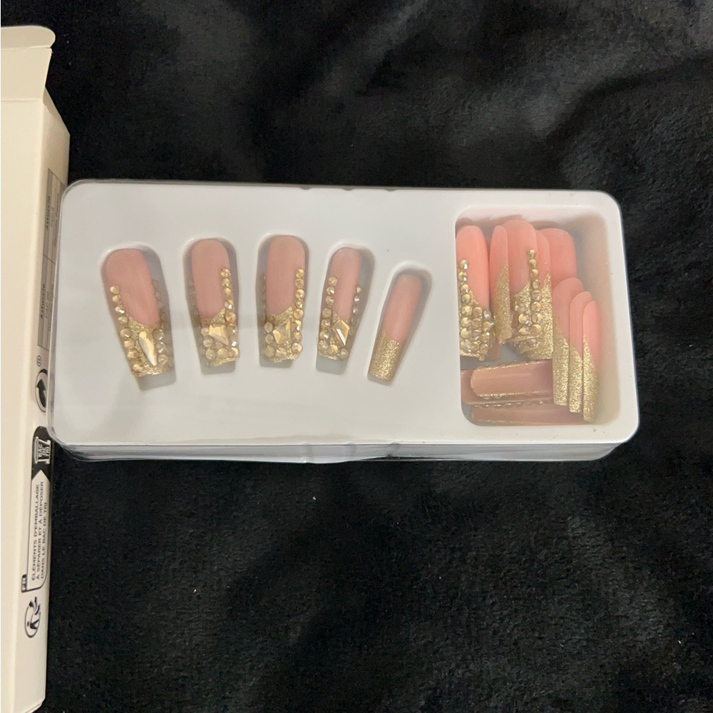 Gold and Pink Embellished False Pressed On Nail Set